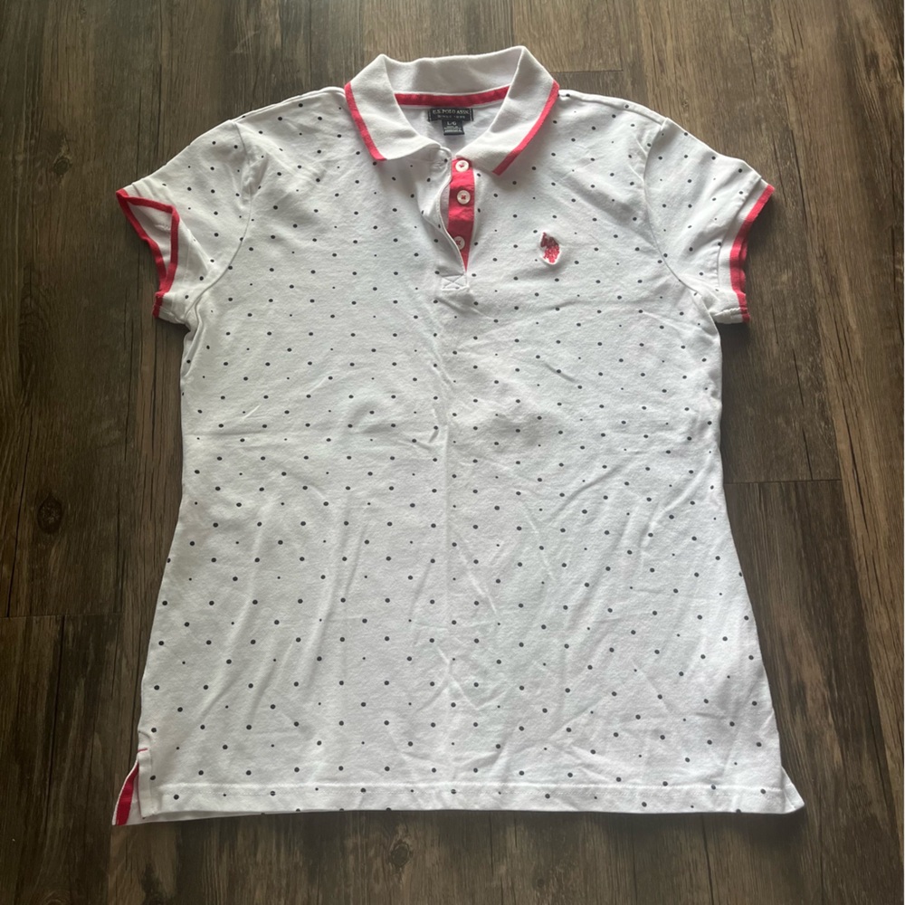 US Polo Assn. White Polka Dot Polo Shirt with Pink Accents Sz L